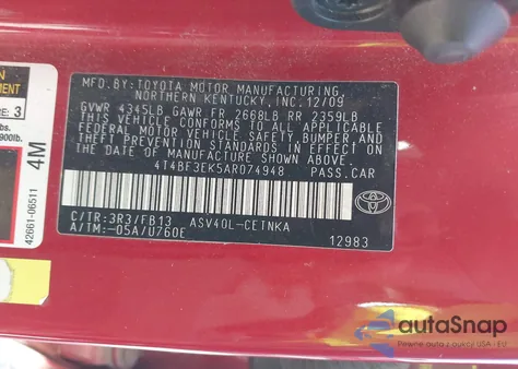 2010 Toyota Camry Se/Le/Xle from USA, damaged, VIN 4T4BF3EK5AR074948